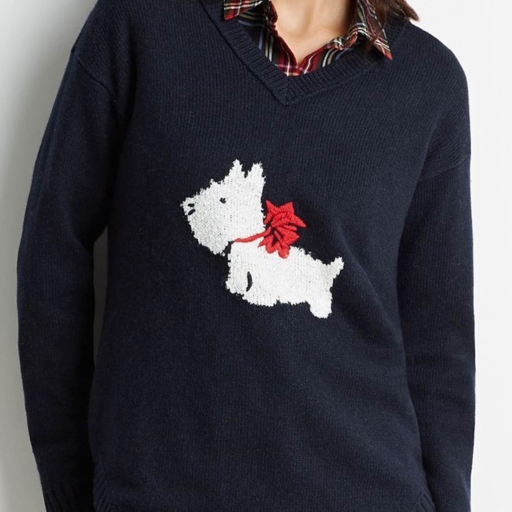 J JILL V NECK NAVY SWEATER WITH ADORABLE WESTY/SCOTTY DOG ~ NWOT- PETITE LARGE